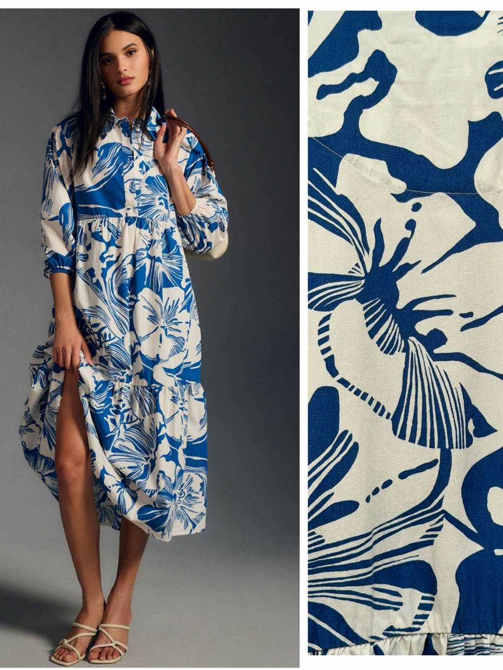 Anthropologie Maeve The Bettina Tiered Shirt Dress In Blue White Floral Size S